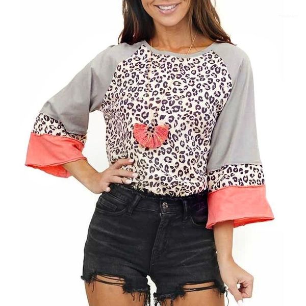 

streetwear flare sleeve leopard shirts women spring autumn fashion patchwork blouse and casual loose round neck blusa tunic1, White