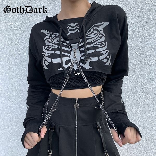 

goth dark skeleton print gothic vintage hoodies women harajuku zipper reflective grunge punk female sweatshirts fall winter y200610, Black