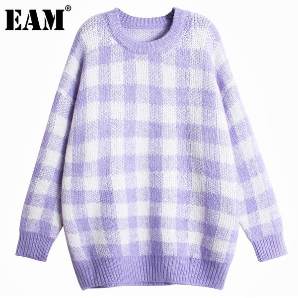 

eam] big size plaid knitting sweater loose round neck long sleeve women pullovers new fashion tide autumn winter 2021 1dd2792, White;black