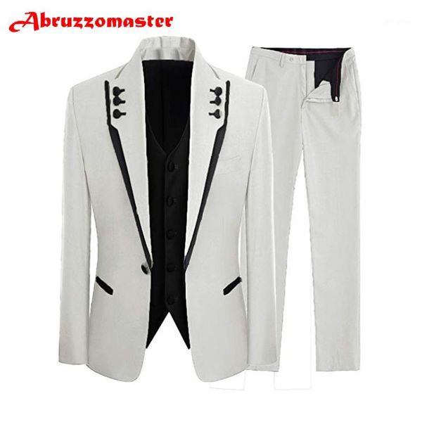 

abruzzomaster black edge jacket for groom tuxedos jacket+pants+black vest man suits white groomsman suit bespoke suit1, White;black