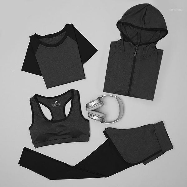 

female yoga 4 piece set hooded jackets + bra + shirt shorts fitness pants gym outdoor sports clothing running suit sets1, White;red