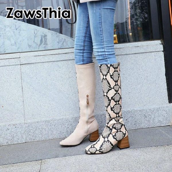

zawsthia 2020 winter stylish half solid color half snake skin print woman boots chunky high heels zipper knee high boots, Black