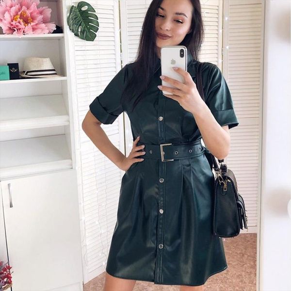 

women vintage sashes front button a line dress short sleeve turn down collar solid elegant casual dress 2021 early spring, Black;gray