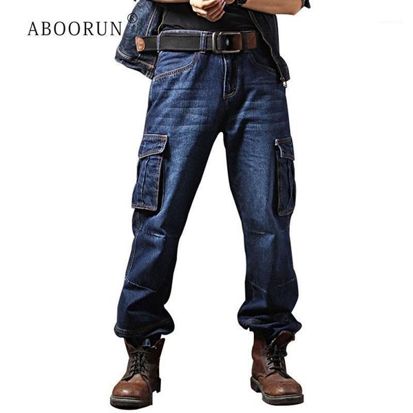 

aboorun plus size 40 men's casual cargo denim pants multi pockets cargo jeans loose skateboard jeans for male r12581, Blue