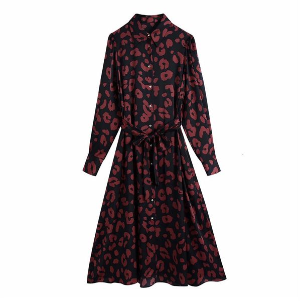 

2021 new vintage leopard printed shirt women autumn winter fashion belt tied long sleeve midi dresses ladies elegant dress 4i2f, Black;gray