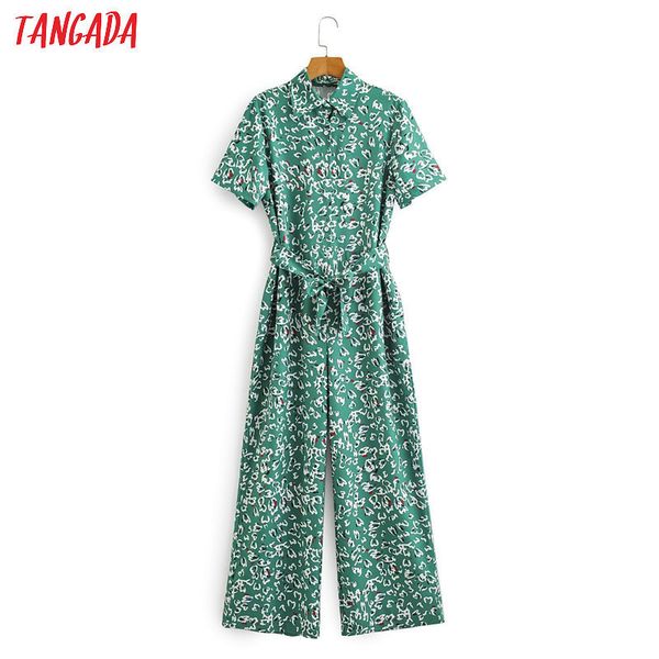 

tangada women summer leaf print long jumpsuit with slash short sleeve female casual jumpsuit pocket lj200814, Black;white