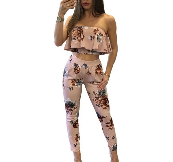 

new fashion casual women suit two-piece outfits strapless crop long pants floral print ruffles bodycon set pink, Gray