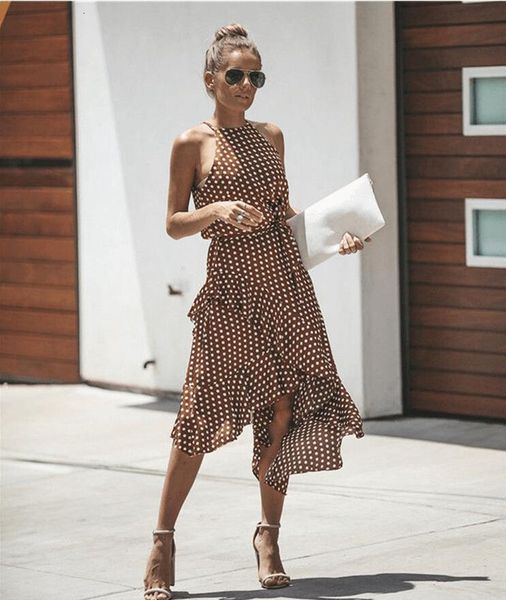 

vintage dot irregular dress sleeveless casual women boho beach halter hi-lo ruffles mid dresses summer ladires party dress, Black;gray