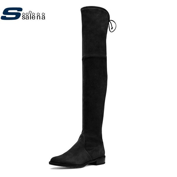 

boots women thigh high 2021 comfortable elastic cloth flat with fashion autumn winter shoes b2744, Black
