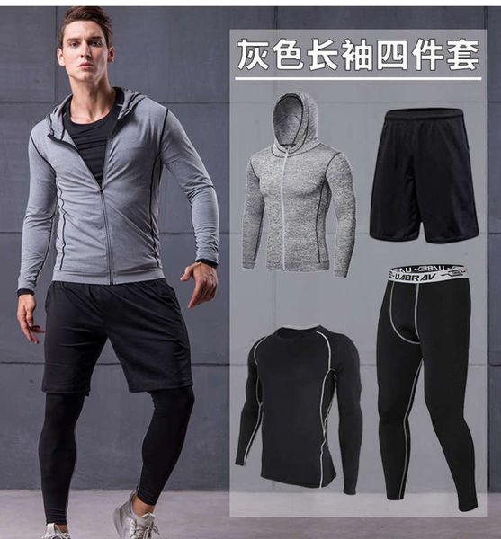 

training men's new tights fitness sports night running four piece basketball suit, Gray