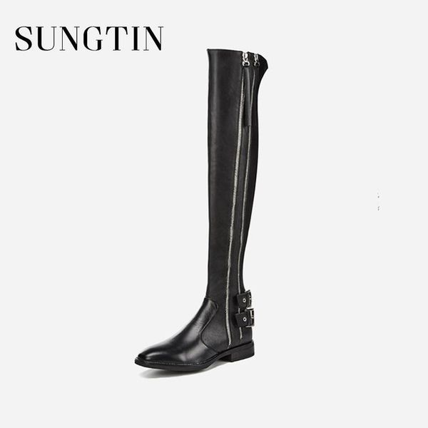 

sungtin classic over-the-knee boots women zipper buckle thigh high boots lady genuine leather riding1, Black