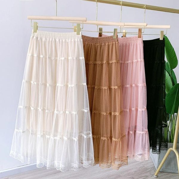 

2021 new spring korean style women long skirt sp1345 black pink high waist cake lace y2k tulle midi skirts falda
