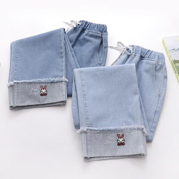 

women's jeans embroidery japan stylish kawaii ankle-length pants elastic high waisted 2021 autumn chic design straight loose, Blue