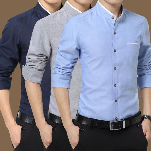 

men's stand collar shirt long sleeve leisure business shirt blouse, White;black