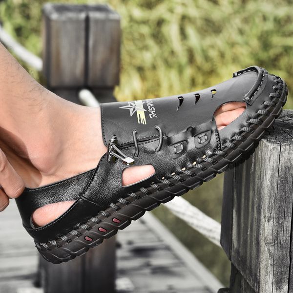 

plus size 38-46 summer men genuine leather classic roman sandals 2020 slippers outdoor beach rubber men water trekking sandals 5 t200420, Black