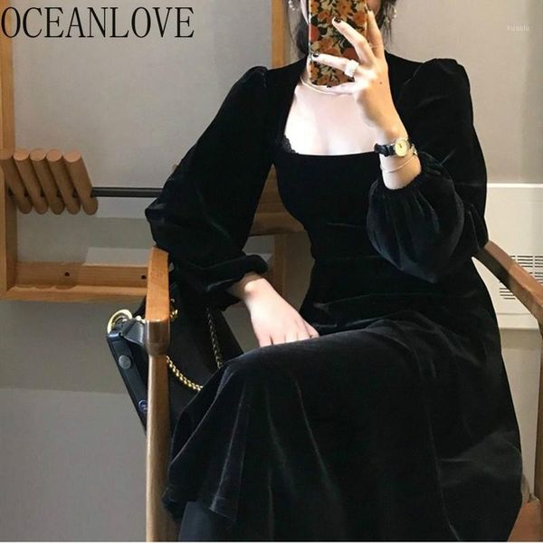 

oceanlove korean chic velvet women dress solid puff sleeve 2020 vestidos black party dresses high wasit ins fashion 141241, Black;gray