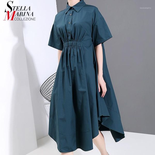 

new solid blue short-sleeve women 2020 summer shirt dress with sashes a-line lapel office ladies elegant dresses style robe 63221, Black;gray