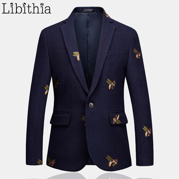 Mens One Button Blazer Bee вышивка Свадьба смарт вскользь тонкая куртка высокого качества Большого размер 6XL темно-синяя Одежда Мужской T208 Y200930