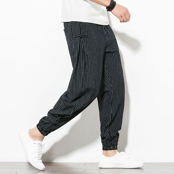 

striped harem vintage joggers cotton linen elastic waist fitness casual trousers men hip-hop high street pants 2020
