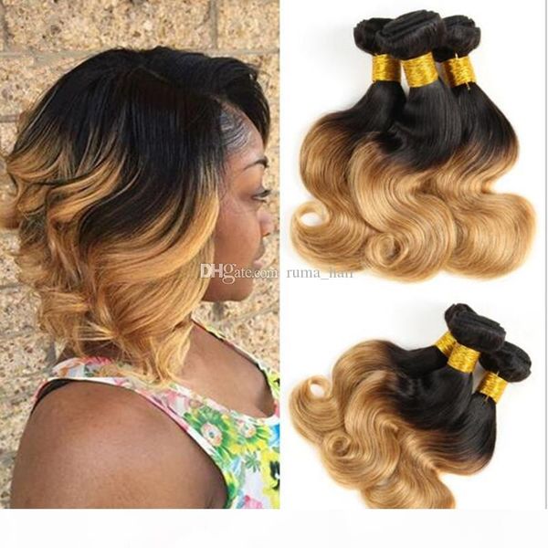 

fashion short honey blonde ombre body wave virgin hair bundles 3pcs lot wholesale short ombre hair bundles 1b 27 ombre bob hair extensions, Black;brown
