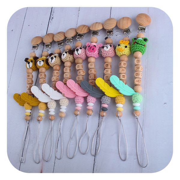 

personalized pacifier chains handmade name wooden clips feather silicone baby teether eco-friendly pacifier clips gum molar toys