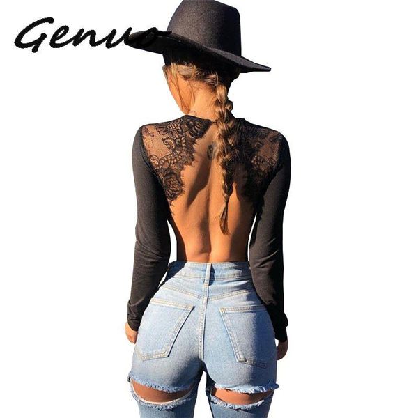 

genuo backless lace patchwork bodysuit black o neck long sleeve slim women bodysuits skinny party bodysuit 2021 new, Black;white