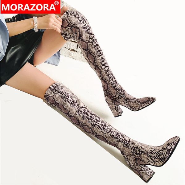 

morazora plus size 34-42 snake print stretch over the knee thick heels autmn wintr thigh high boots women q1104, Black