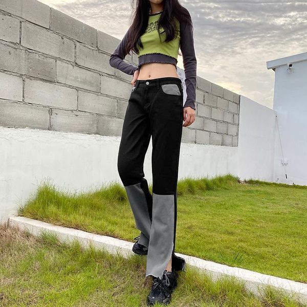 

women's jeans straight split hem women's fashion y2k for girls female 2021 vintage high waisted denim pants aesthetic streetwear c, Blue
