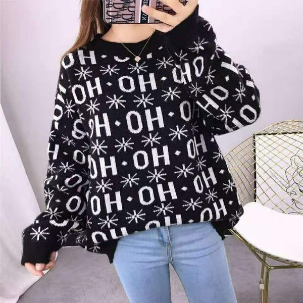 

2020 highest quality women sweater new casual fashion pullover classic jacquard letter round neck winter warm designer sweater, White;black