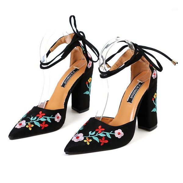 

dress shoes plus size embroidery pumps flower ankle strap female two piece party wedding pointed toe drop women high heels1, Black