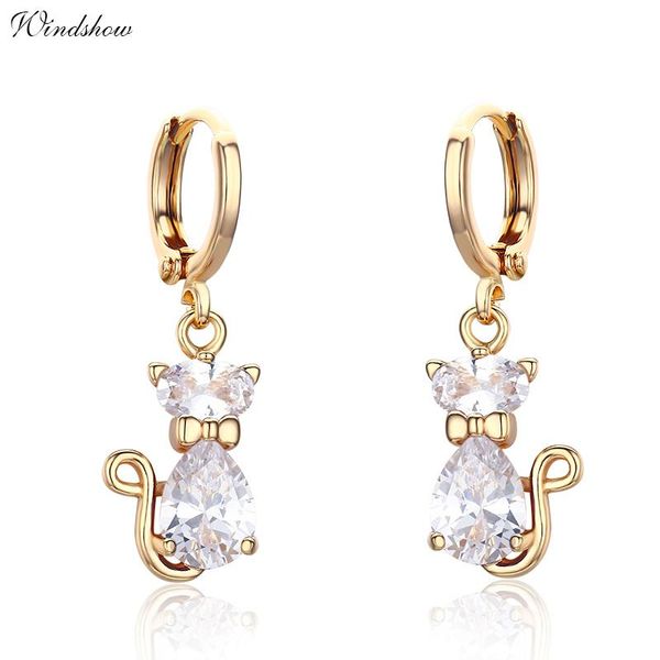 

cute kitten cats gatos pave cz circle loop drop dangle earrings for women girls kids children yellow gold color jewelry aros, Silver