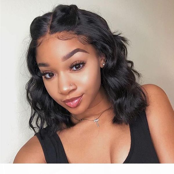 

front lace short wig human hair bob cut short wave remy peruvian hair 13x4 frontal full lace front wigs with bleached knots, Black;brown
