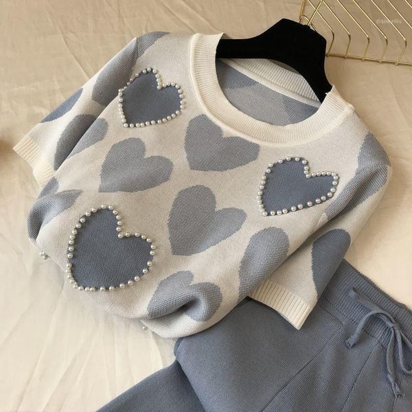 

running sets 2021 woman tracksuit korean love heart printed knitted 2 peice set short sleeve sweater female +pants suit casual tracksuit, Black;blue