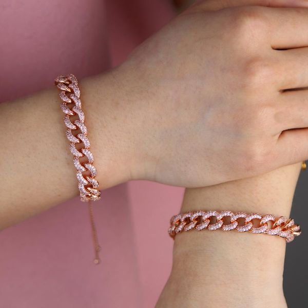 

2020 fashion rose gold pink cz cuban link chain necklaces bracelet for women girls adjustable size iced out bling cz jewelry, Golden;silver