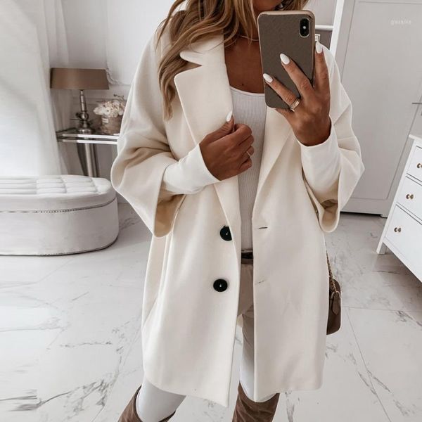 

2021 women long woolen autumn winter coat jacket three quarter sleeve loose coat high street ofiice ladies long jacket1, Tan;black