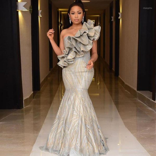 

sparkly mermaid 2020 african prom dresses one shoulder sequined mermaid evening dress chic ruffles formal party pageant gowns1, White;black
