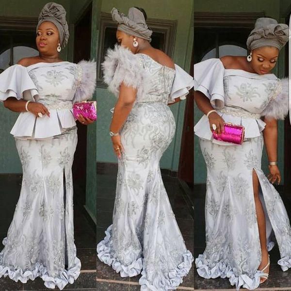 

aso ebi dubai plus size evening dresses with feathers peplum lace appliques mermaid prom dress ruffles appliques robes de soirée, Black;red