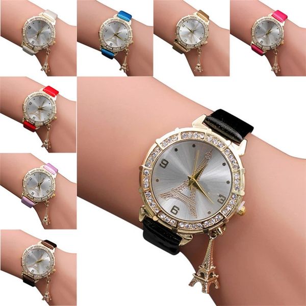 

2020 ladies watch style fashion quartz wrist watch tower rhinestone pendant wristwatchs leather wrist watchs alloy watchs pin buckle br, Slivery;brown