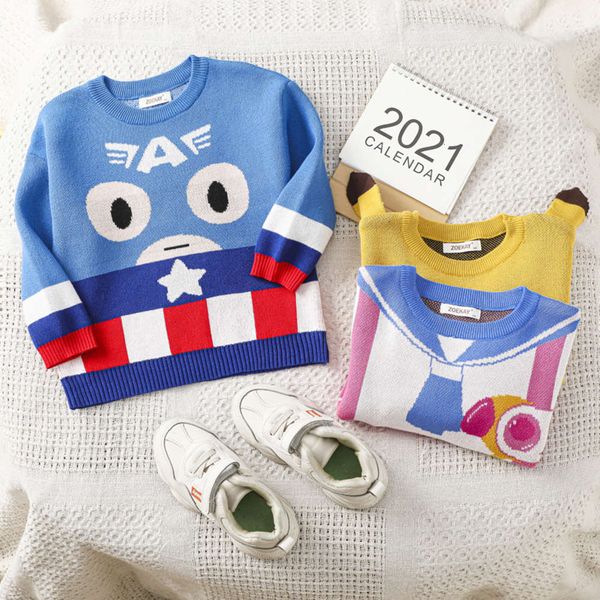 

autumn new ins winter 2020 children's cute sweater cartoon three color knitted pullover for boys and girls, Blue