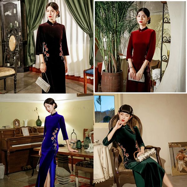 

autumn and winter banquets new velvet mother's slim girl cheongsam dress improved daily cheongsam i8kzf, Black;gray