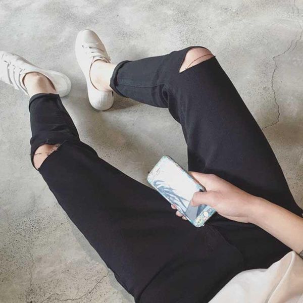

2019 summer spring fashion korean black/blue streetwear denim jeans harem men's ripped cut hole pants feet youth solid color1