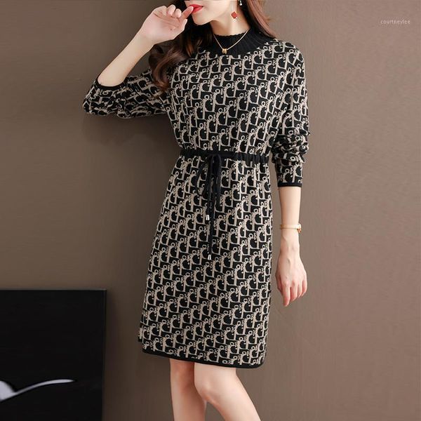 

new elegant women autumn winter sweater dress loose outer wear mid-length base knit dress1, White;black