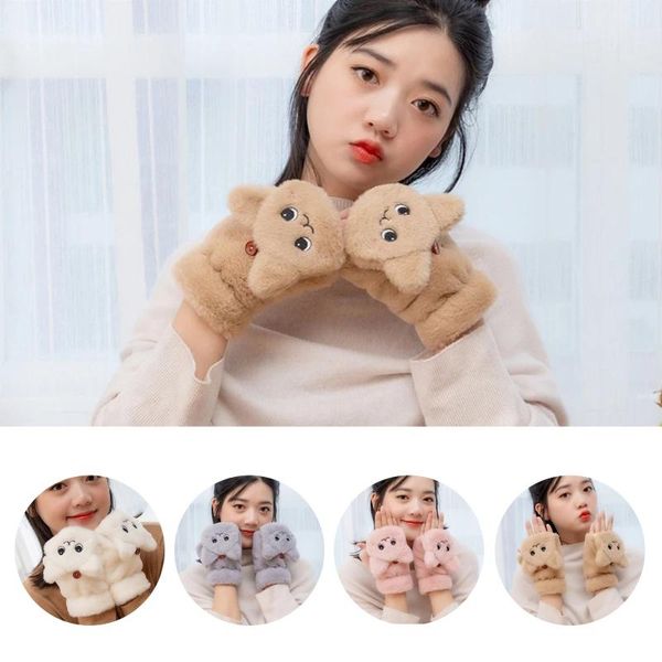 

five fingers gloves women thicken plush warm half finger 2021 cute cat embroidery convertible flip winter fingerless touch screen mitten, Blue;gray