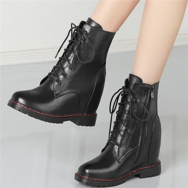 

women black cow leather hidden wedges high heel ankle boots female lace up high round toe platform pumps shoes casual shoes