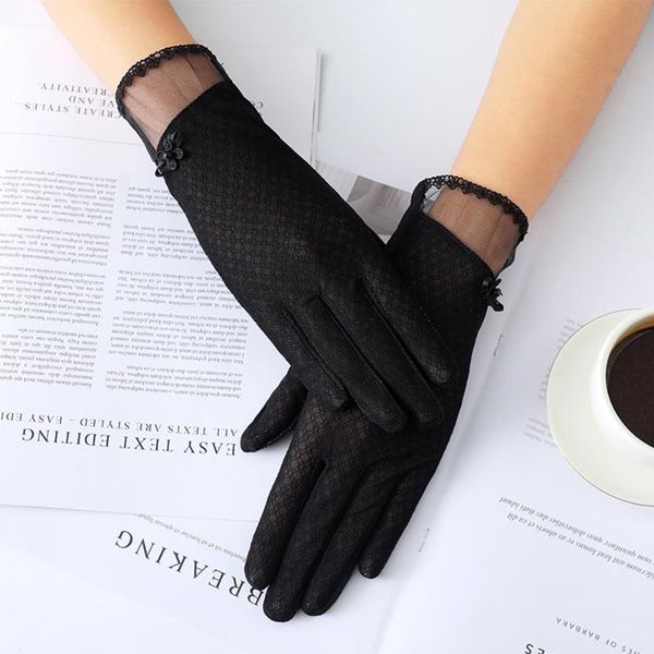 

five fingers gloves summer women uv sunscreen short sun screen pearl flowers thin silk lace touch viscose driving, Blue;gray