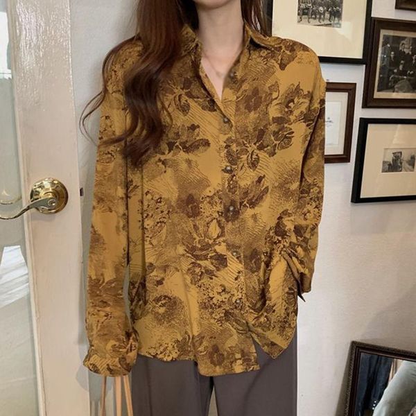 

women's blouses & shirts 2021spring and autumn korean retro bf wind loose casual abstract printed ladies long sleeve shirt, White