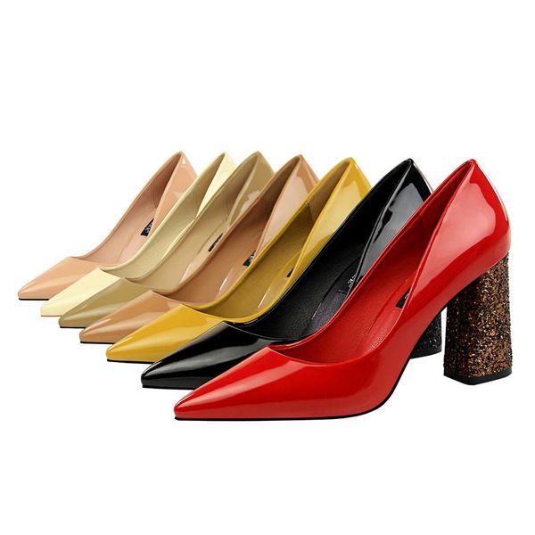 

2020 buty damskie leather naked yellow enveloped chunky glitter high heel bombs woman clothed ladies elegant bridal shoes pc0q, Black