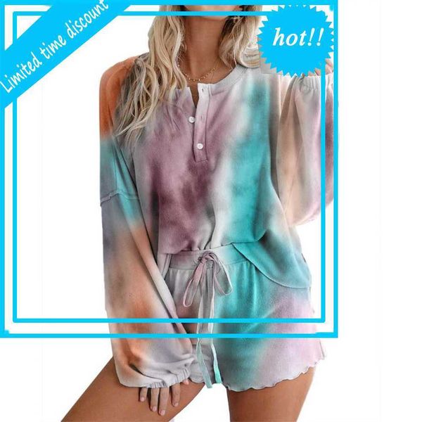 

women pajama set tie-dye casual long mouwen + shorts shirts short broek home two pieces pack night clothing, Red;black
