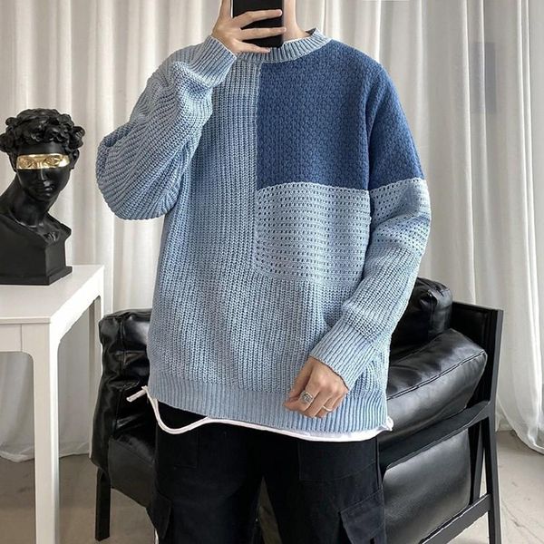 

men's sweaters 2021 autumn winter men harajuku contrast color knitted pullovers round collar patchwork casual jumpers man, White;black