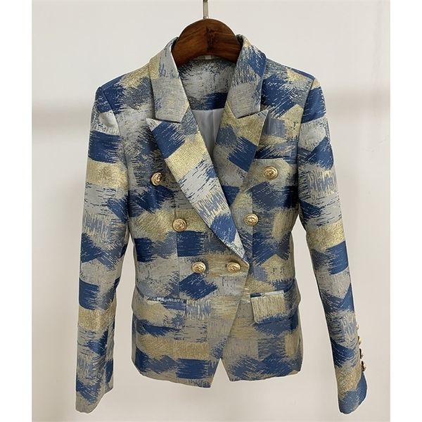 

new fashion 2020 designer blazer jacket women's lion metal buttons double breasted colors painting jacquard blazer lj201214, White;black